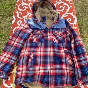 Vintage Flannel Jacket Plaid Jeep Coat Hooded Button Up Fleece Lined size 3xl